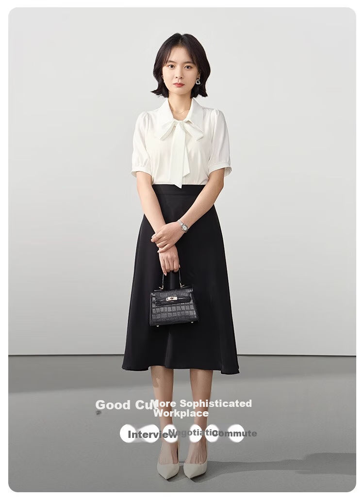 Bodexiaojie Blue Short-Sleeve Shirt for Women, Urban Daily Commute Outfit, Petite Chiffon Blouse, Interview Professional Shirt, Size M 3