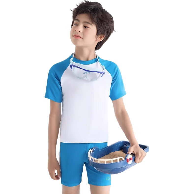 ANTA Children's Two-Piece Swimsuit for Boys, 2024 New Style, Big Kids Swim Trunks, Sun Protection Professional Swimming Set, Sky Blue, Size 130