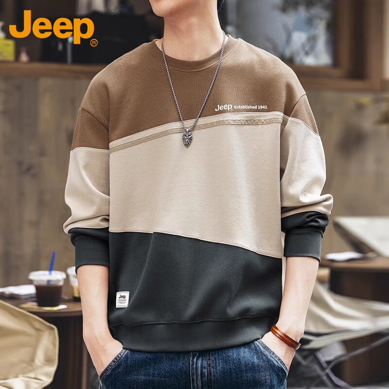 JEEP Men's Sweatshirt, Spring And Autumn Trendy Loose Long-Sleeve T-Shirt, Casual Top for Men, Danyuan Color, 4XL