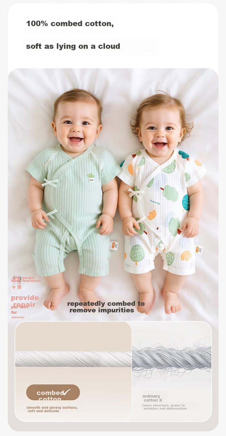 Babyprints Newborn Onesie 2-Pack, Baby Pure Cotton Class A Romper, Summer Thin Belly-Protecting Baby Bodysuit, Green, Size 52 2