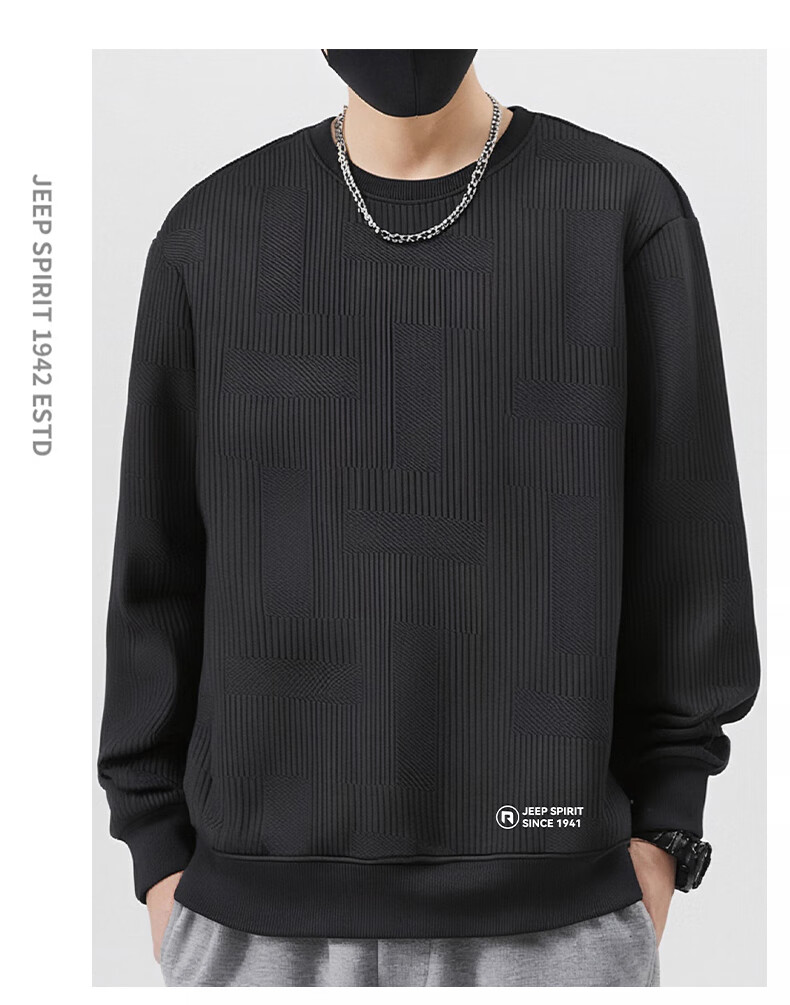 JEEP SPIRIT Men's Autumn Crew Neck Long Sleeve T-Shirt Comfortable Versatile Pullover Casual Sports Top Black L 1