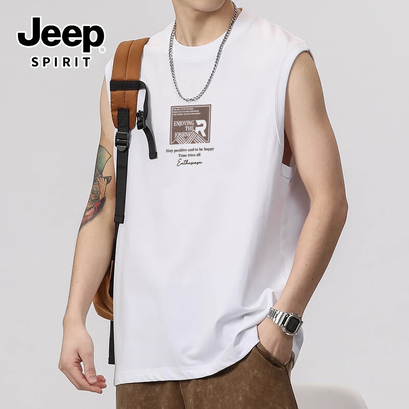 JEEP SPIRIT Men's Pure Cotton Vest Summer American High Street Outdoor Sports T-Shirt Breathable Loose Trendy Sleeveless Shirt 4
