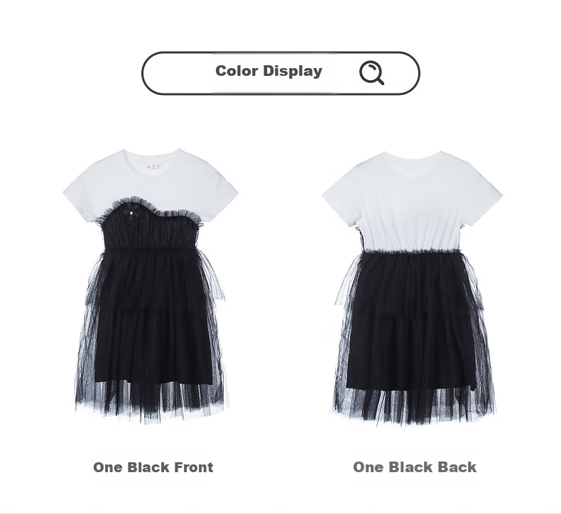 Follow Me Girls' Summer Dress, T-Shirt Patchwork Tulle Skirt, Sweet Princess Dress, Children's Dress, Black, Size 165 5