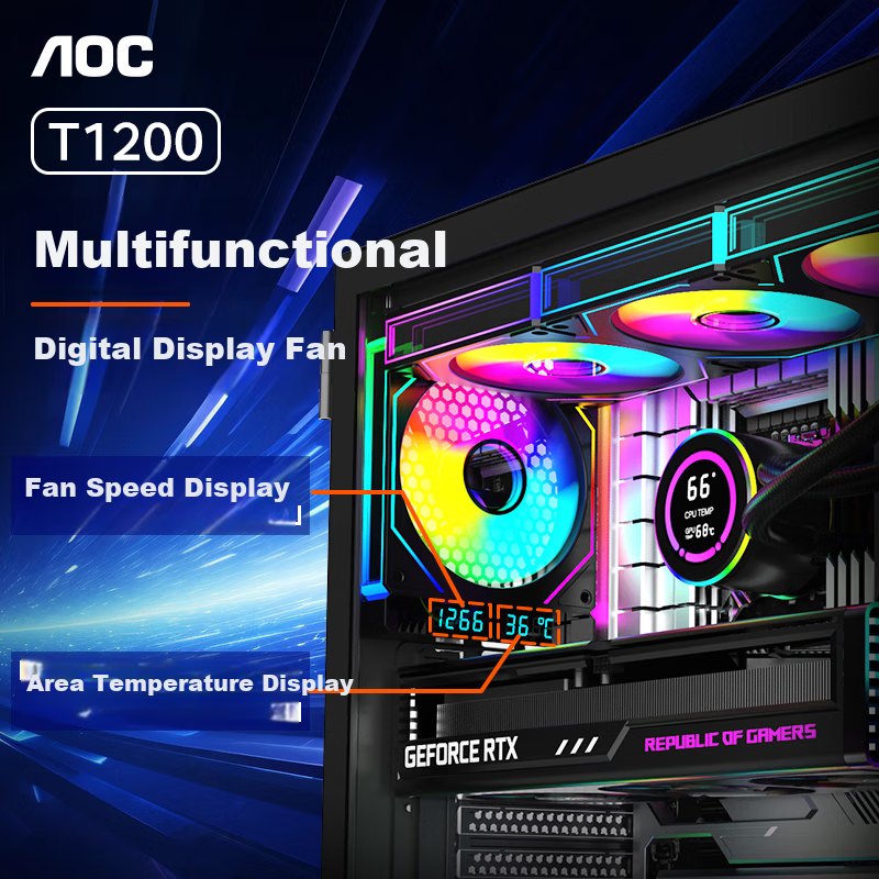 AOC T1200RB/93 Black Chongye Case Cooling Fan with Speed, Temperature, Digital Display, ARGB Synchronization, 5V 3-Pin Daisy Chain, PWM Temperature Control, And Hydraulic Silent Operatio