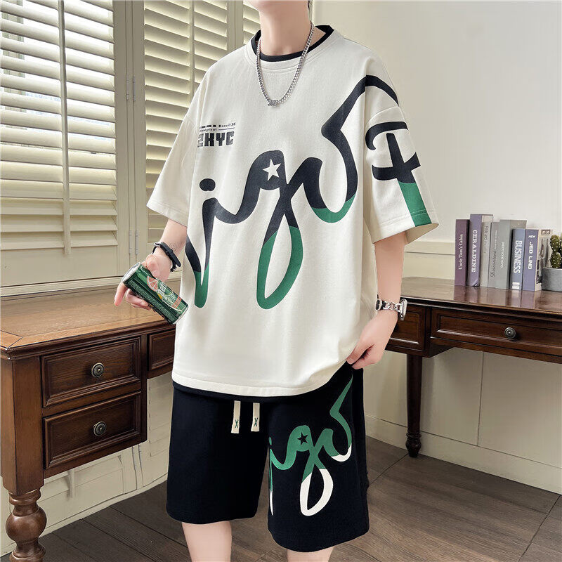 Zuofeili Men's Short-Sleeve Shorts Set, 2026 Summer Ice Silk Trendy T-Shirt, Casual Sports Outfit for Older Boys in Middle School