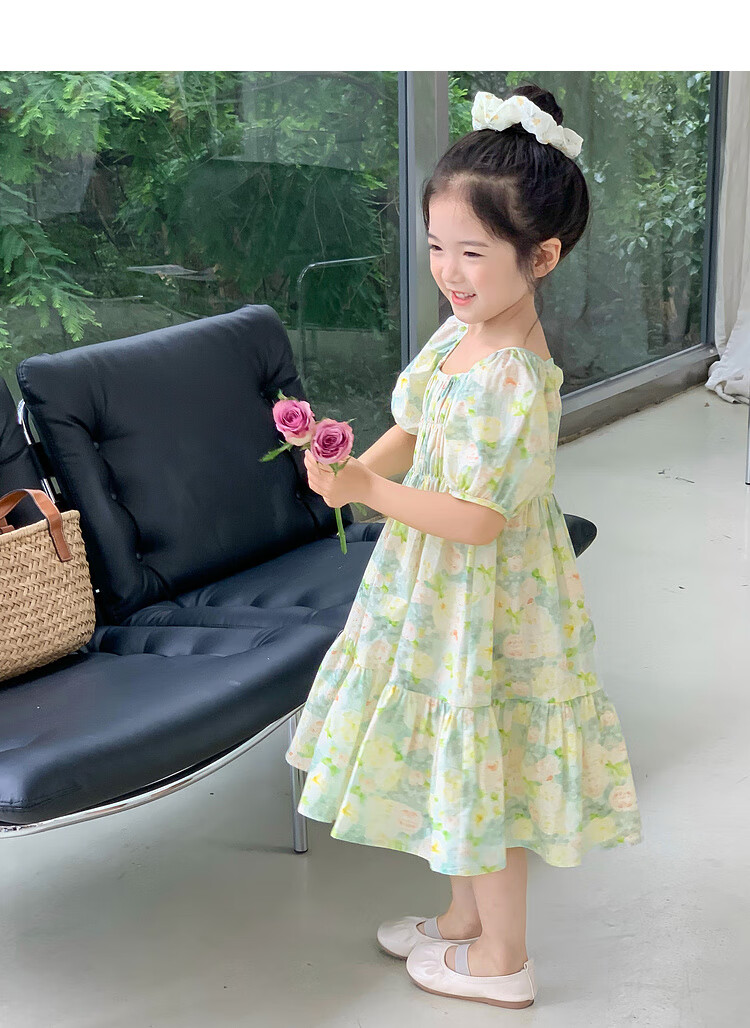 Tutuxiaoxiang Girls' Dress, 100% Cotton, Children's Puff Sleeve Floral Princess Dress, Green, Size 110, Height Approximately 110cm 8