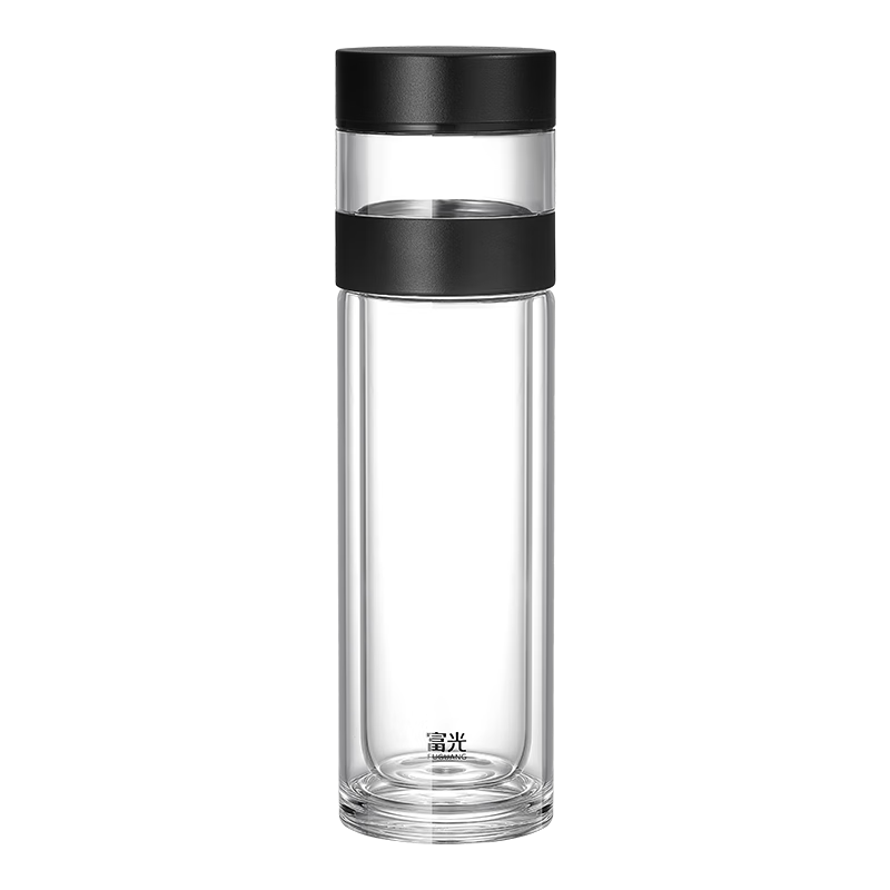Fuguang Double-Layer Glass Cup with Tea Infuser, High Borosilicate Glass Water Bottle for Business Travel, Portable Black 300ml