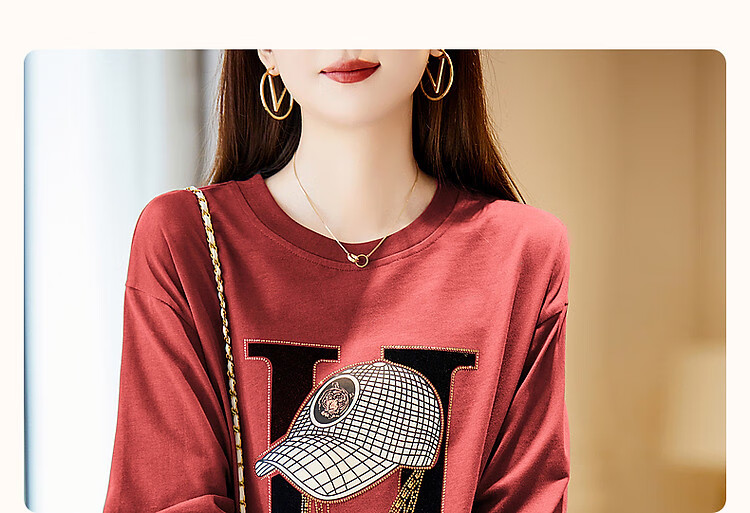 Dme Spring And Autumn Cloud Soft Cotton Long Sleeve Sporty Design Rhinestone Women's T-Shirt, Pink, XL 5