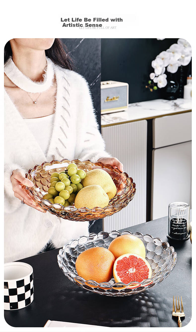 CRISTALGLASS Glass Fruit Plate, Home Living Room Coffee Table, European Light Luxury Style, Internet-Popular High-End Snack Display Tray, Large Capacity 2