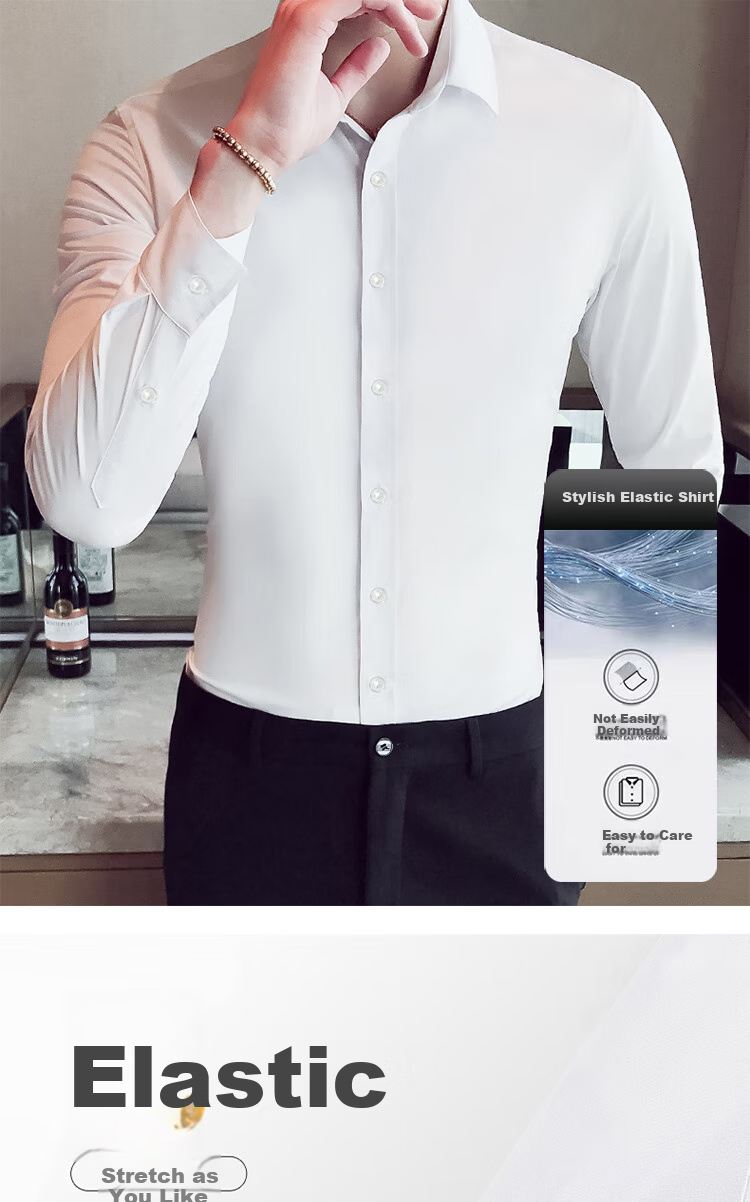Ayoupang Elastic Wrinkle-Resistant Long-Sleeve Shirt, Business Wedding Groomsman Undershirt, White, 2XL Recommended for 140-155 Lbs 5
