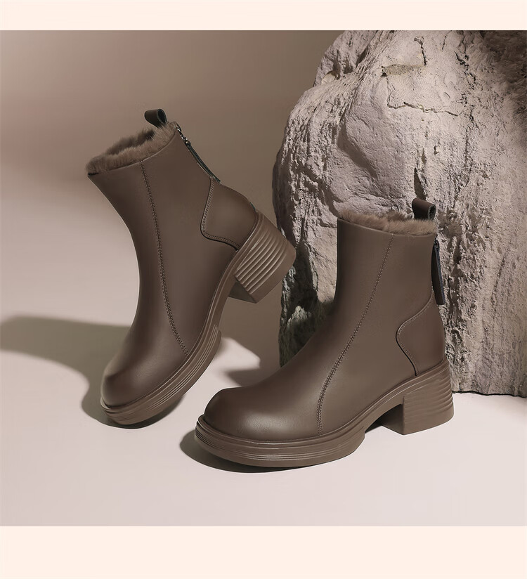 Daphne Chunky Heel Winter Ankle Boots High Heels Slimming Fleece Chelsea Women's Boots 4024608063 Brown Size 38 5