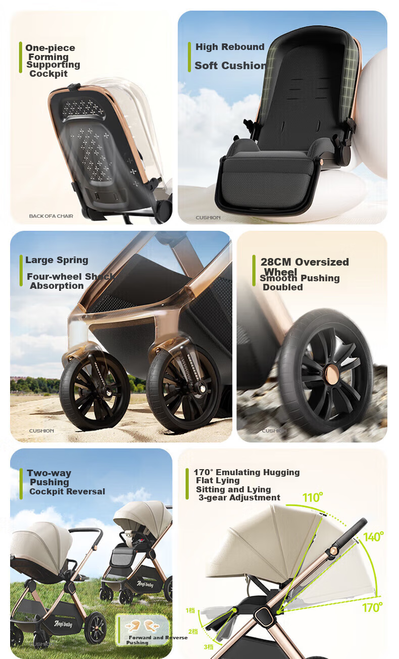 ANGI BABY Stroller with High View, Reversible Seating And Lying Positions, Shock-Absorbing, Foldable, Suitable for Newborns to 3 Years Old 3