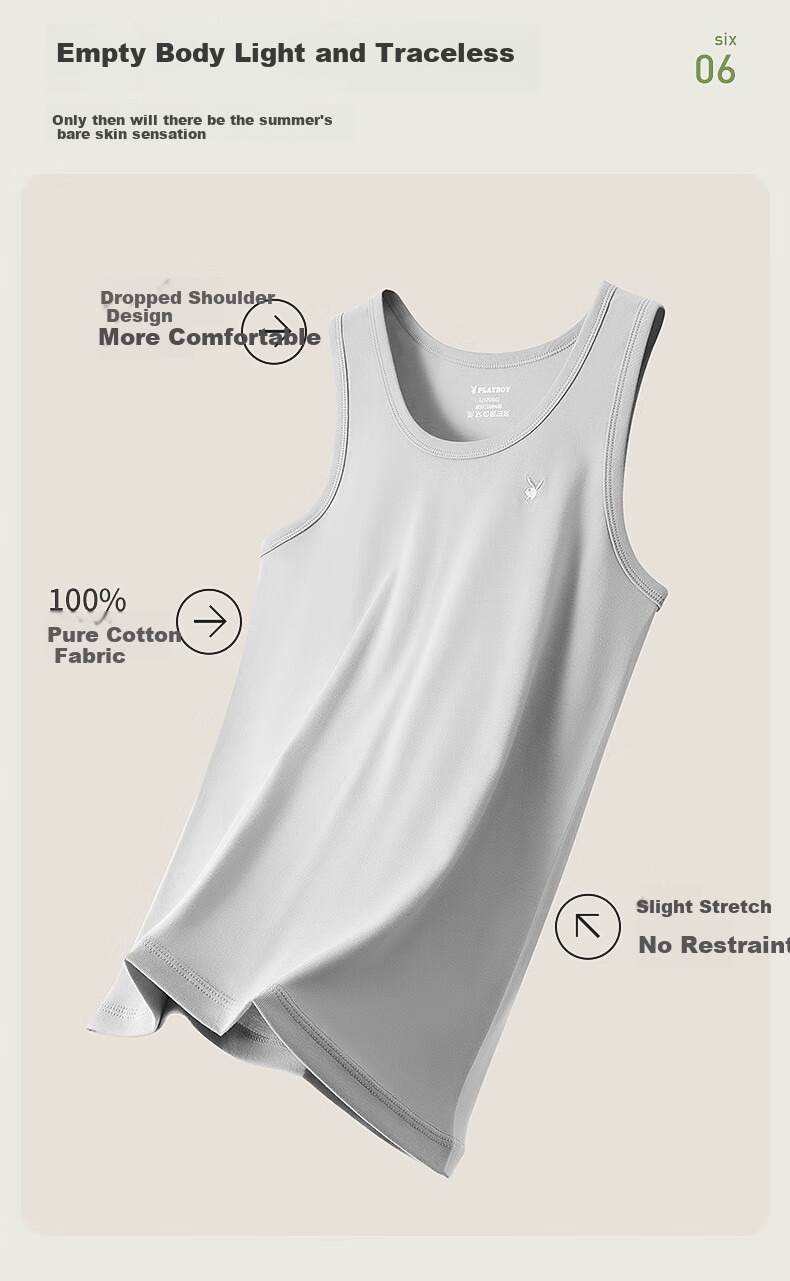 PLAYBOY Pure Cotton Tank Top for Men, Large Size, High Elasticity, Sweat-Wicking, Breathable Undershirt, 2 Pieces 6