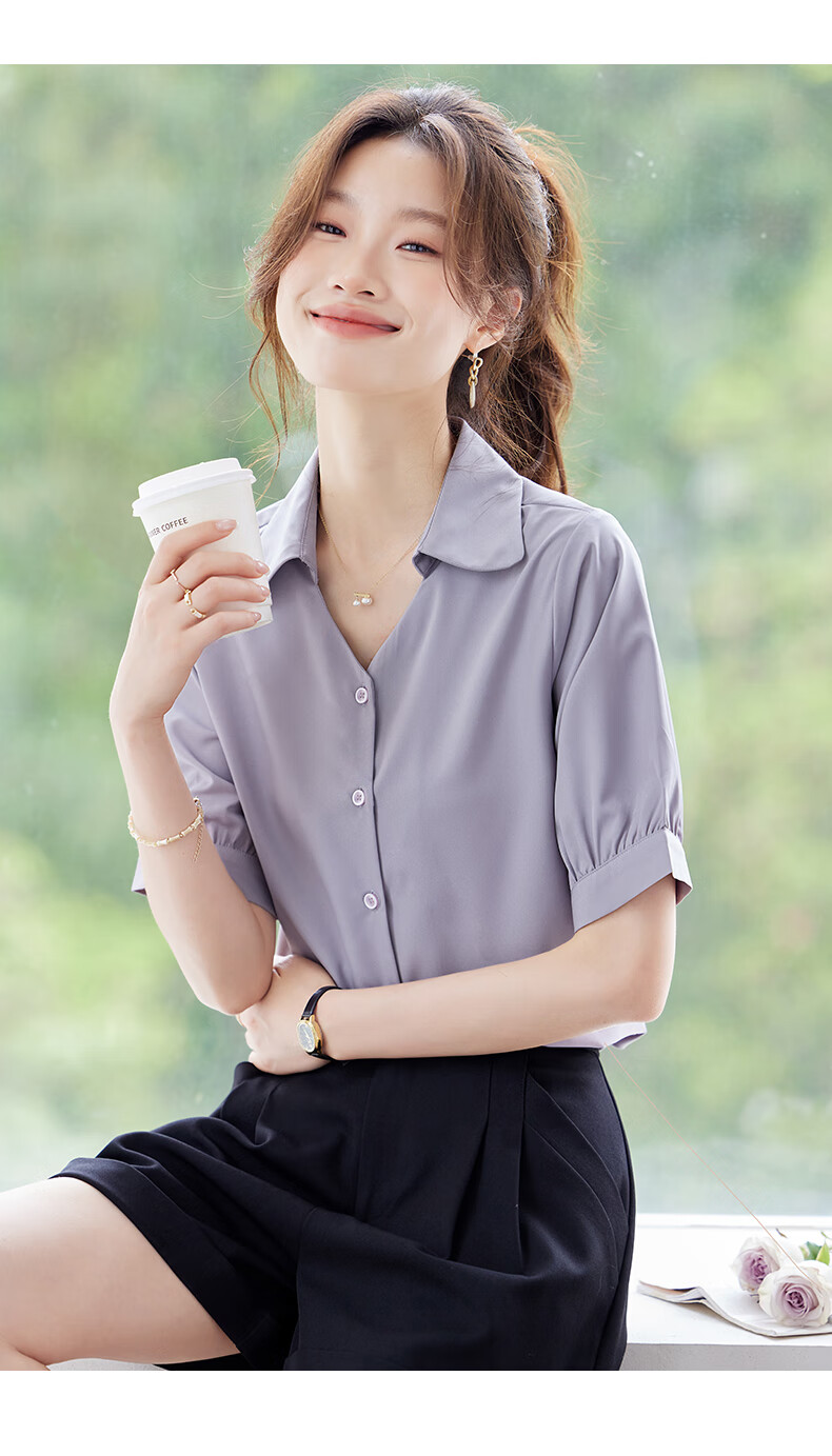Jeanswest Women's Summer Professional Fashion Elegant Short Sleeve Formal Polo Collar Button Cardigan Top White M 16