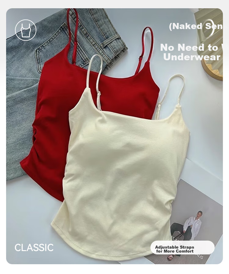 FitonTon Women's Camisole Tank Top with Built-In Bra Pads, Casual Versatile Pure Desire Style Sports Bra for Outer Wear And Inner Wear, Red 2