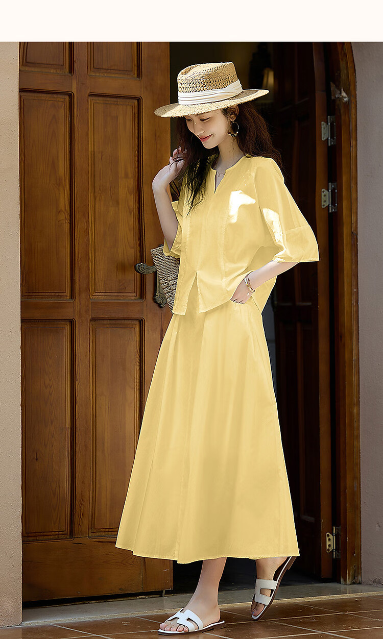 Demana Women's Artist Set Summer High-Quality Pure Cotton Puff Sleeve Top A-Line Slit Skirt Two-Piece Set 8