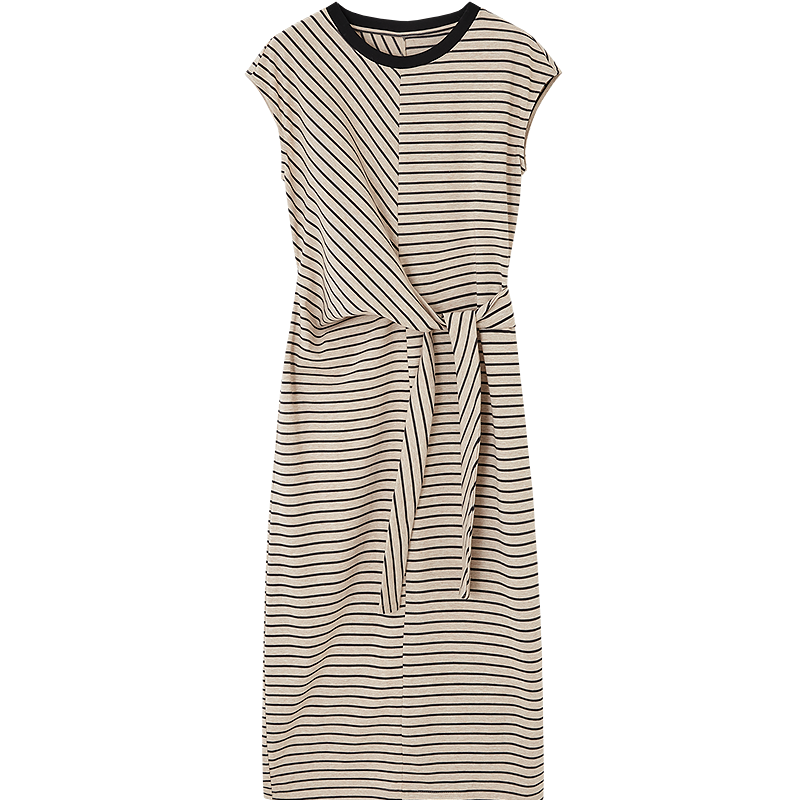 Dme [Skin-friendly Cloud Oxygen Cotton] Summer Color-block Crew Neck Side Tie Waist Cover Sleeve Striped Knit Women's Dress