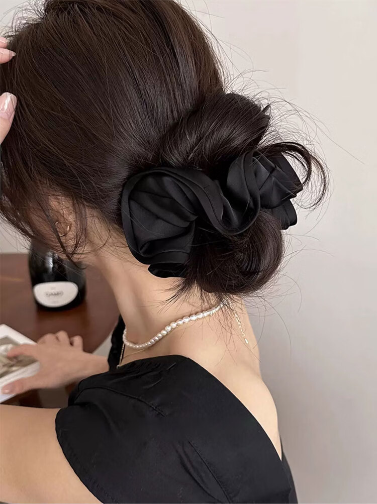 Liqing Satin Ruffle Hair Tie, Elastic Band, Hair Scrunchie, Internet Celebrity Style Hair Bun Maker, Women's Black Hair Accessory 1