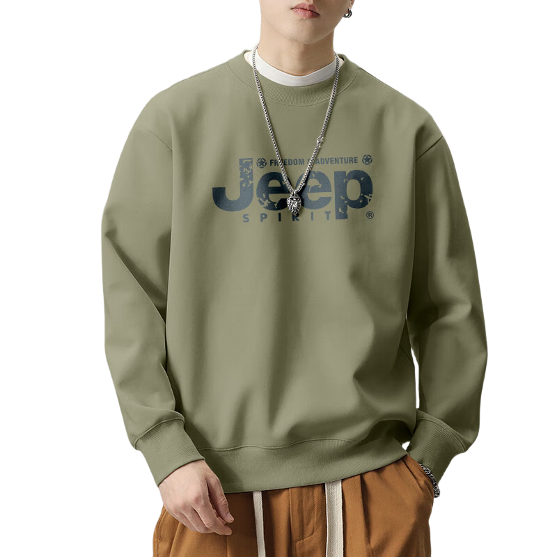 JEEP SPIRIT Men's Autumn Long Sleeve Crewneck Pullover Loose Fit Fashion Printed Casual Sweatshirt Gray Green L