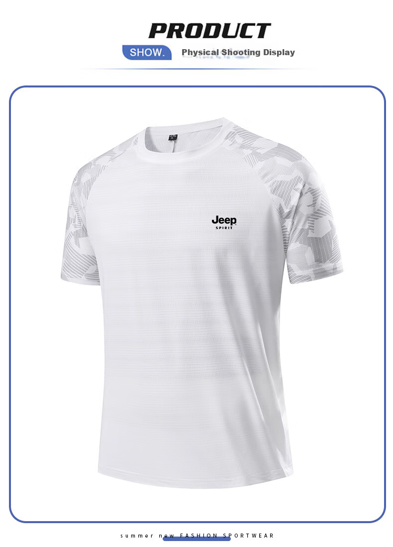 JEEP SPIRIT Men's Short-Sleeve T-Shirt, Summer Quick-Dry Ice Silk Cool-Feeling Striped, Outdoor Loose-Fit Solid Color Sports Top, White, 2XL 5