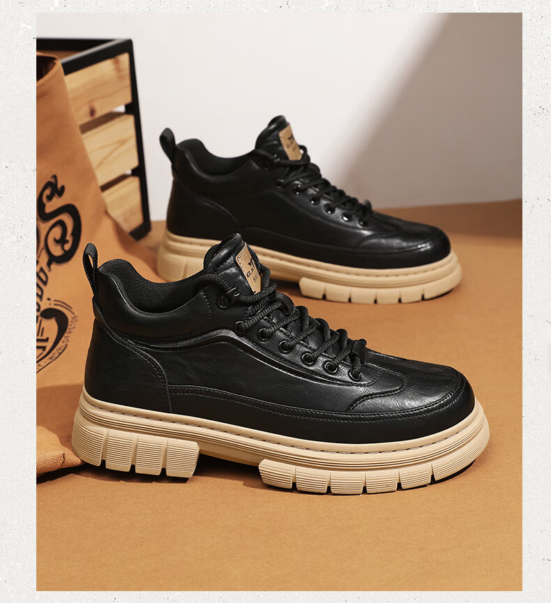 Bull Family Men's Boots Autumn Winter New Thick Sole High Top Work Boots Outdoor Wear-Resistant Vintage Martin Boots 16