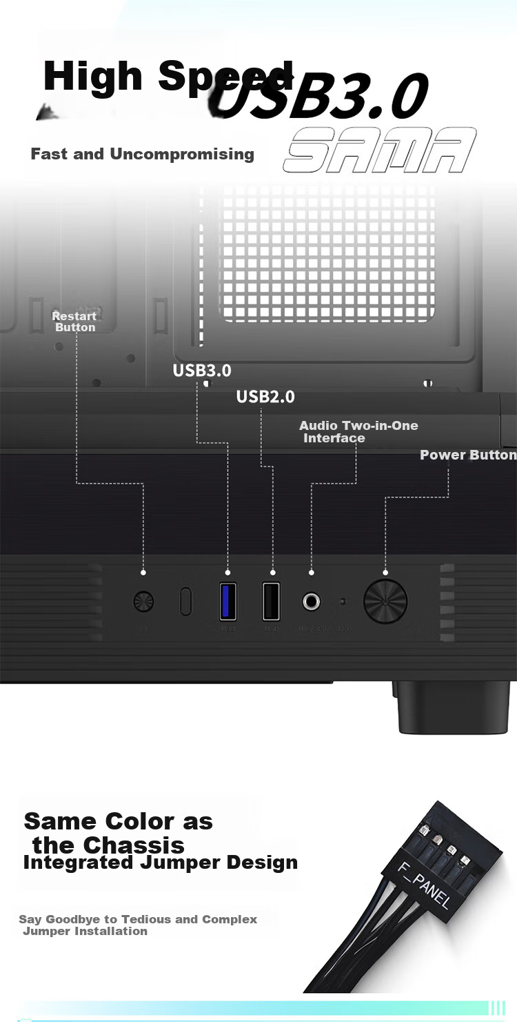 SAMA Jinghong Black ATX Panoramic Gaming Computer Case, 270° View/Double-Sided Glass/Supports 360 Water Cooling/9 Fan Positions/427mm Long Graphics Card Slot/U2+U3 13