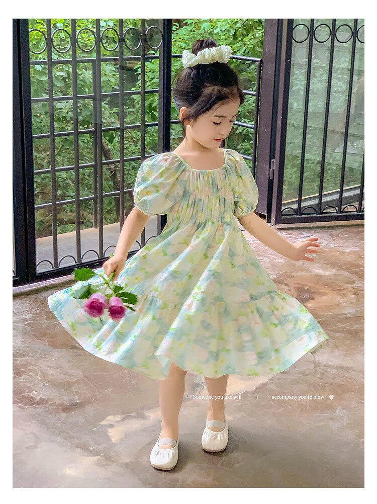Tutuxiaoxiang Girls' Dress, 100% Cotton, Children's Puff Sleeve Floral Princess Dress, Green, Size 110, Height Approximately 110cm 1