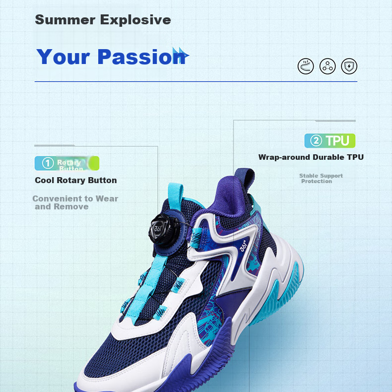 361° Children's Sports Shoes, All-Season Youth Basketball Shoes, Durable Training Sneakers with Rotary Buckle, Blue, Size 35 14