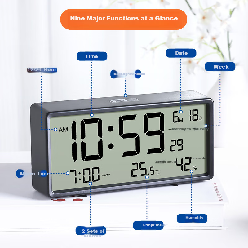 Compas Electronic Alarm Clock with Backlight, Loud Alarm, Smart Home And Student Multi-Function Thermometer And Hygrometer, Large Screen Bedside Clock, Essential for Back-To Season And College Entrance Exam Preparation, White Gift for School Start