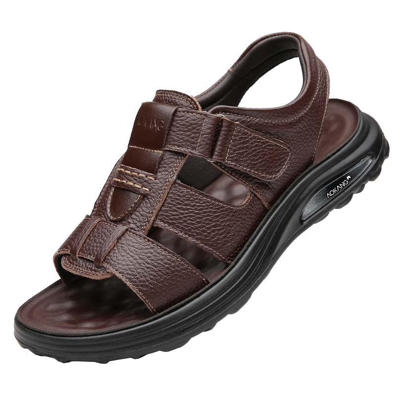 Aokang First Layer Cowhide Men's Sandals Beach Shoes Cowhide Trendy Middle-aged and Elderly Dad Leather Sandals Brown Size 43