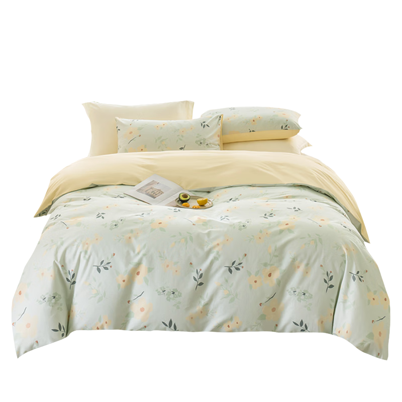 JD Original Pure Cotton Four-Piece Bedding Set, National Standard Class A, Linen-Like Air Wash, Breathable Pure Cotton Bedsheet Duvet Cover Pillowcase Bedding Set for 1.5m Bed, Fresh Don't Forget Me