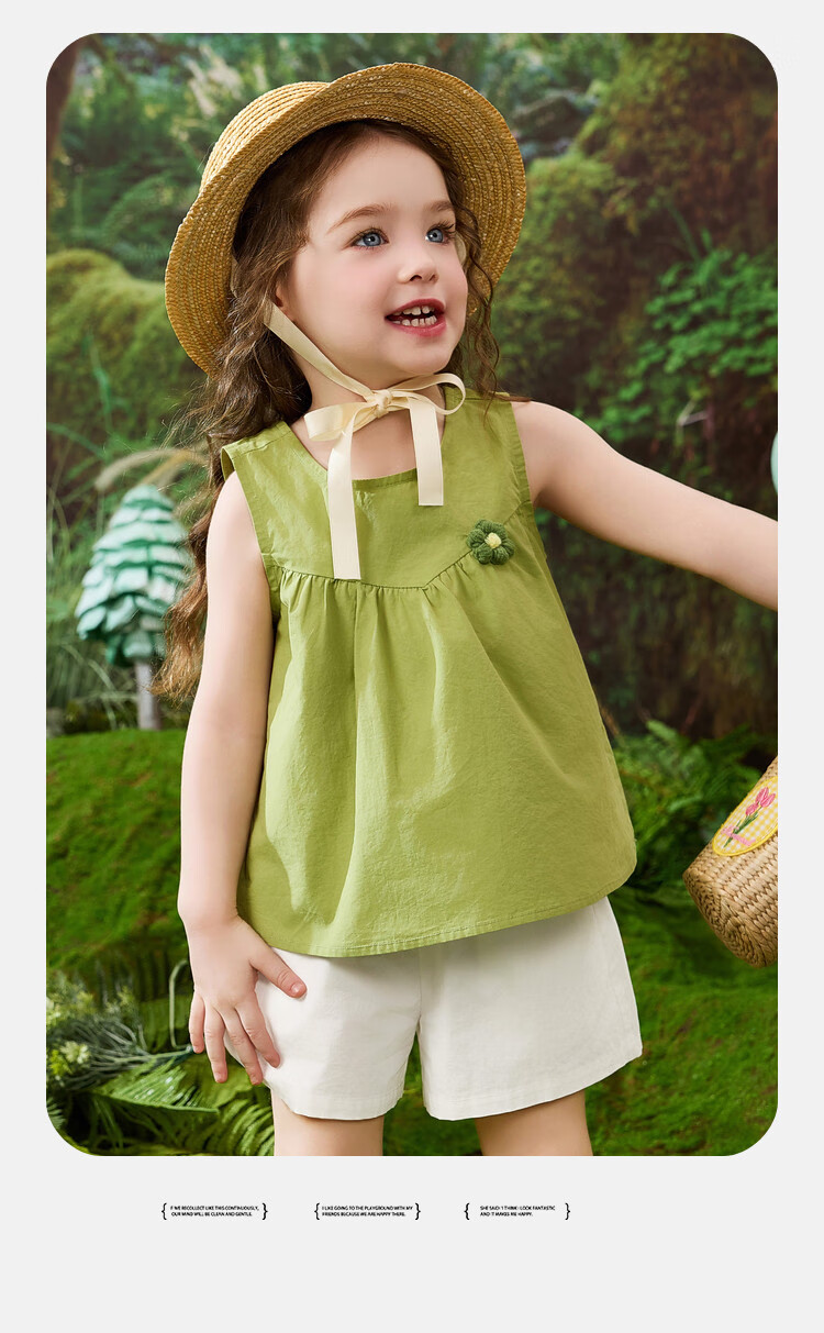 ASK JUNIOR Children's Summer Set, Sleeveless Vest Top for Young Kids, Casual Shorts, Forest-Style Girls' Pure Cotton Two-Piece Outfit, Green, Size 130 6