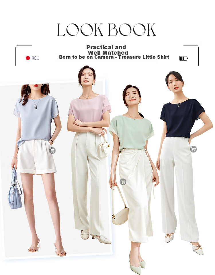 Sentubila Spliced Short-Sleeve Chiffon Blouse for Women, Slimming Tummy-Covering Top, Summer Lightweight Casual T-Shirt, Light Blue, S 6