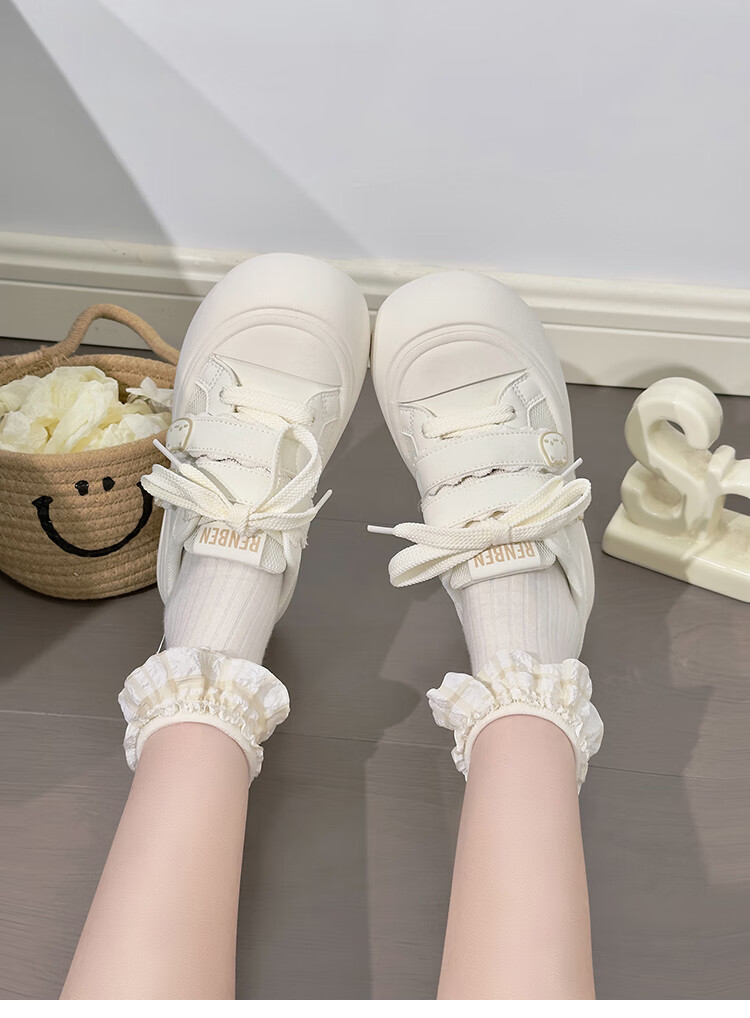 RENBEN Cute Velcro White Sneakers for Women, Popular Chunky Shoes, Versatile Canvas Shoes, White (Leather Surface), Size 40 2