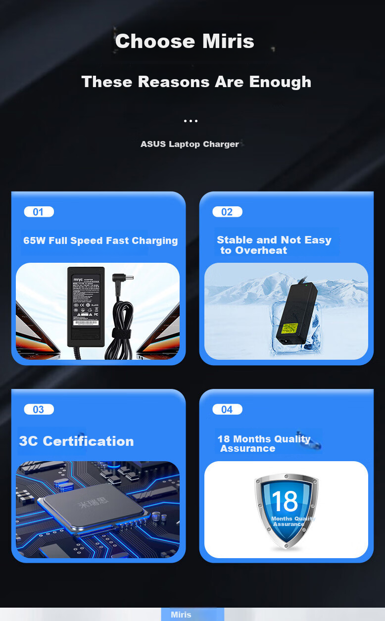 Mryc ASUS Laptop Charger, 19V 3.42A 65W Universal FL8700 FL5900 R414U UX430 VM520U/590Z Computer Power Adapter Cable 2
