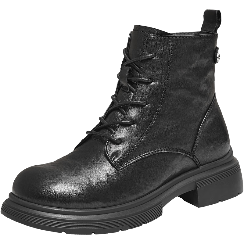 TATA 2025 Winter Fashion Thick-Soled Martin Boots Women's Short Boots Casual Black (Fleece Lined) Size 35