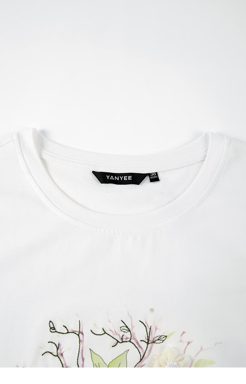YANYEE Vintage Print Cotton Short Sleeve T-Shirt 2025 Spring Commuter Round Neck White Top for Women White 1 XL 17