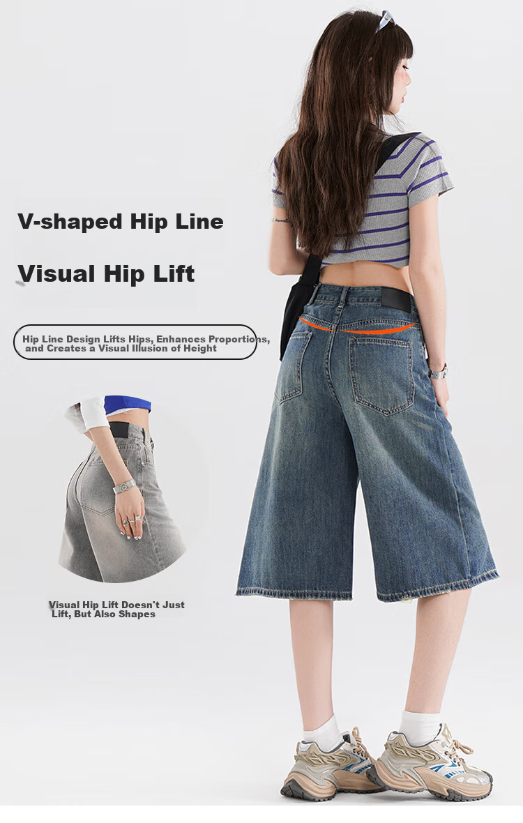 Free Style High-Waist Vintage Blue Cropped Denim Shorts for Women Summer 2026 New Loose Slimming Wide-Leg Casual Pants 5