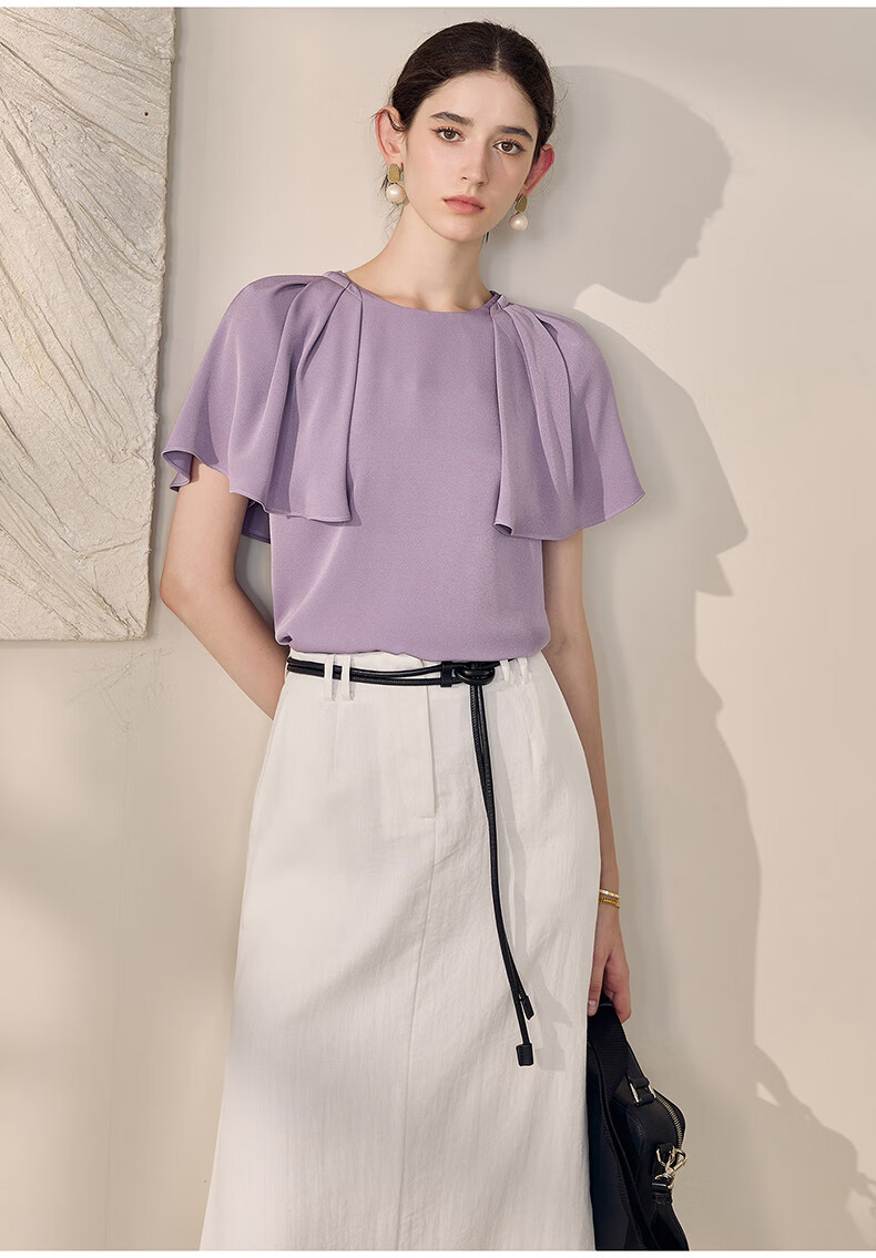 ROEYSHOUSE Women's Intellectual Commuter Cape Sleeve Shirt Summer Elegant Versatile Short Sleeve Top 10888 Purple M 13