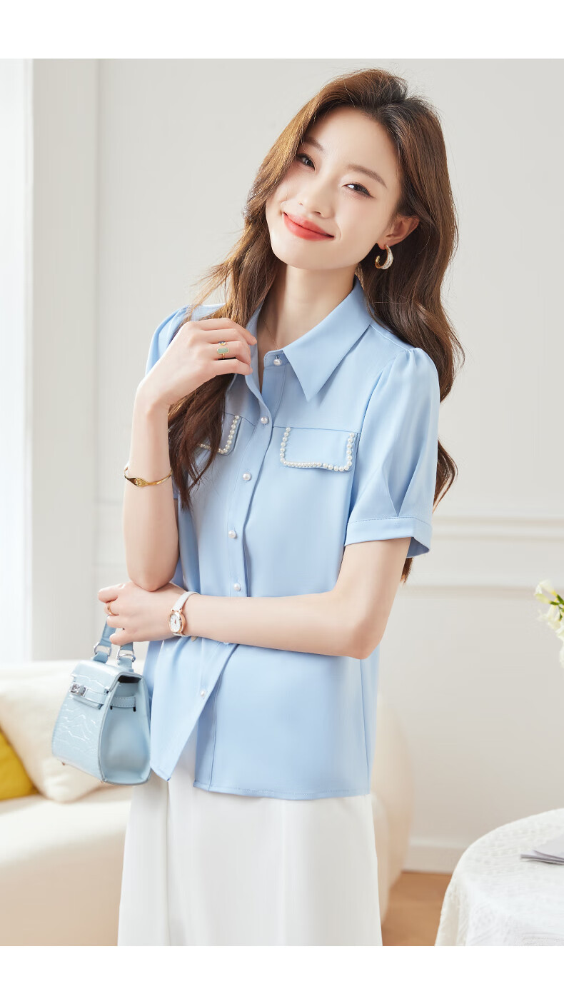 JEANSWEST Women's Summer Beaded Short Sleeve Satin Shirt Professional Design Elegant Commuter Top White XL 12