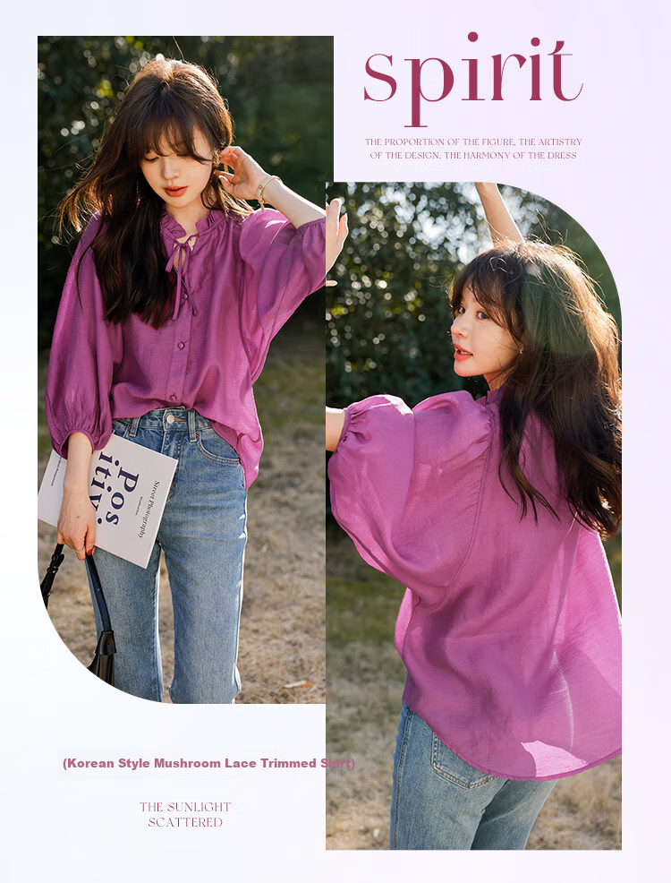 Mt [Candied Yangmei] Summer Elegant Small V-Neck Korean Style Ruffle Mid-Sleeve Blouse 7