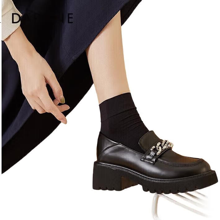 DAPHNE Women's Loafers, Spring British Style New Single Shoes, Thick-Soled Leather Shoes, Slip-On Women's Footwear, Black (Single Lining), Size 38