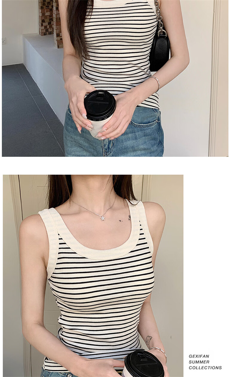 Langsha Women's Striped Slim Fit Vest New Sleeveless Knit U-Neck Tank Top Trendy Layering Shirt 14