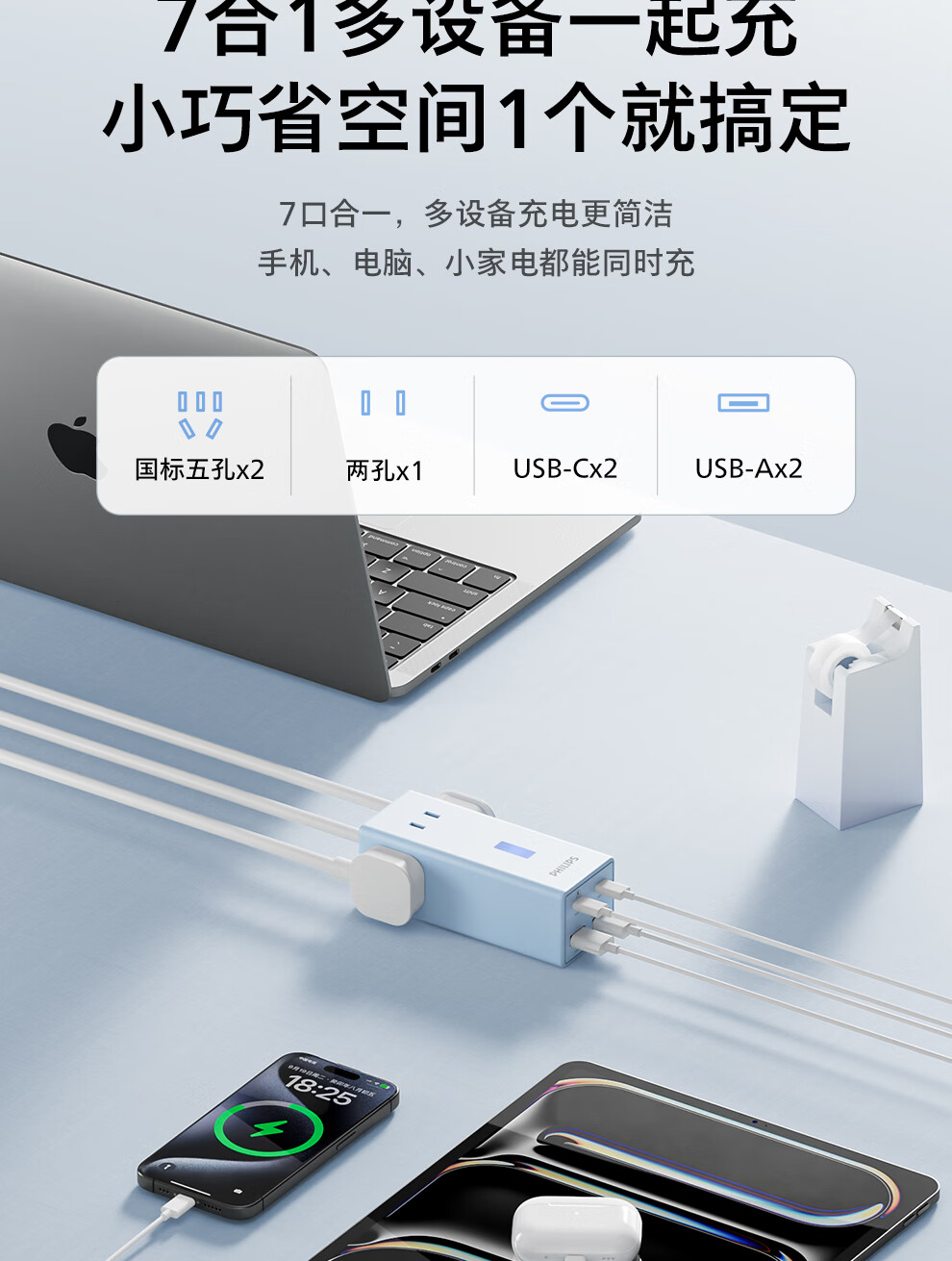 PHILIPS GaN Desktop Charging Station Power Strip 67W Charger Laptop Multi-Functional USB Extension Cord Portable Power Board Small Electric Compartment Safe Fast Charge 2C2A+3 Outlets White 3