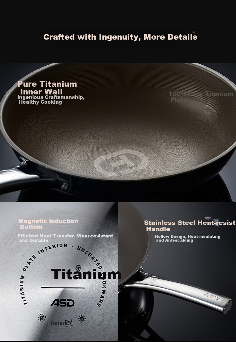 ASD Non-Stick Wok with Pure Titanium Coating, Stainless Steel Home Use Titanium Pan, Non-Stick Compatible with Gas And Induction Cooktops, 32cm Z1 17