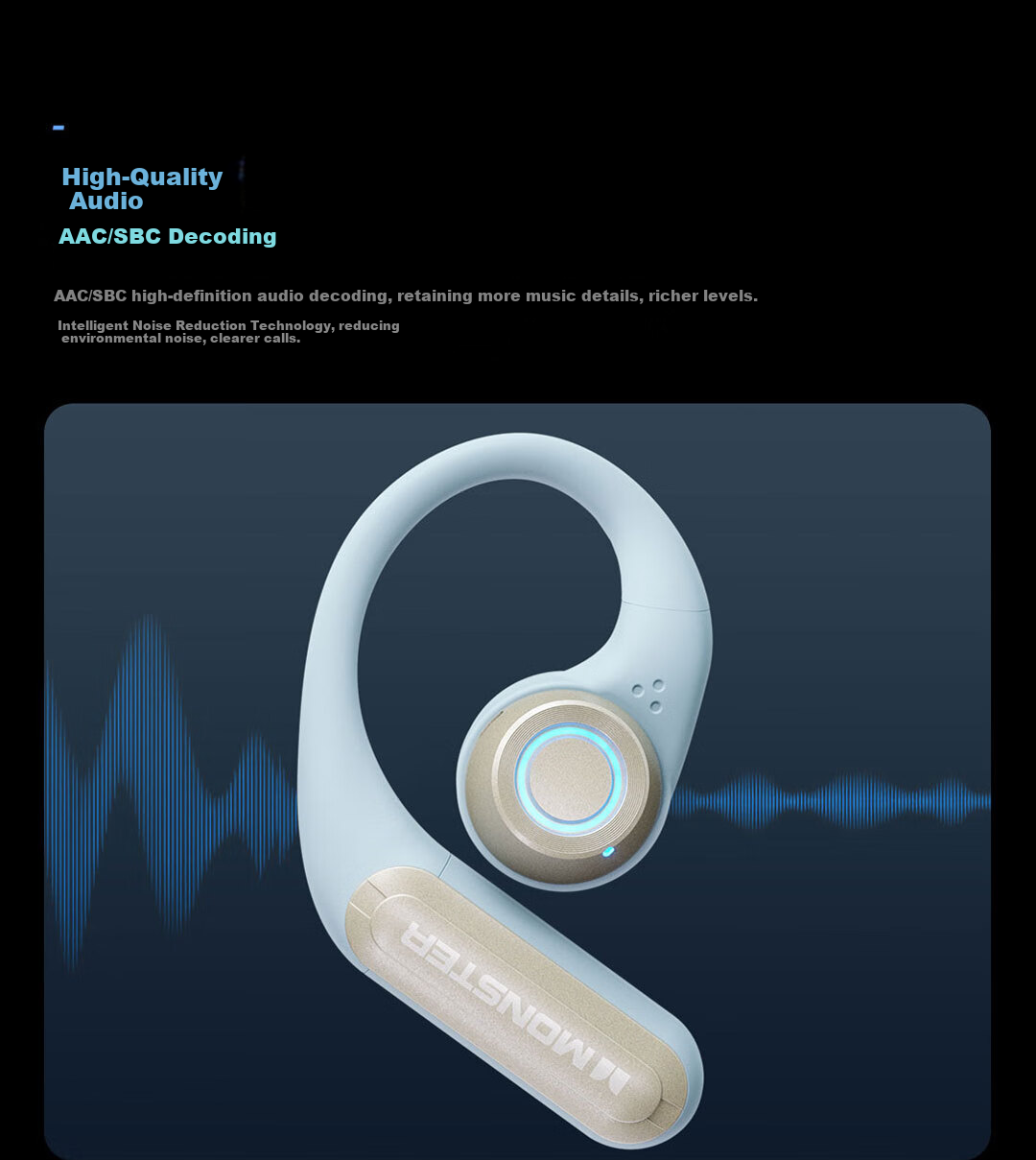 Monster Bluetooth Headphones, Bone Conduction Concept, True Wireless, Over-Ear, Open-Style, Non-In, Clip-On, Sports, Running, Long Battery Life, High Aesthetic Value, Light Effects, T101 Black 4