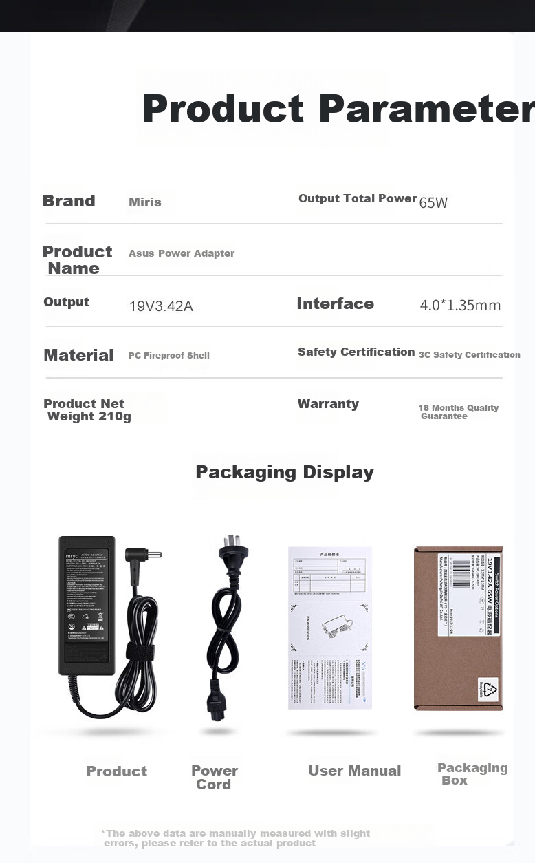 Mryc ASUS Laptop Charger, 19V 3.42A 65W Universal FL8700 FL5900 R414U UX430 VM520U/590Z Computer Power Adapter Cable 10