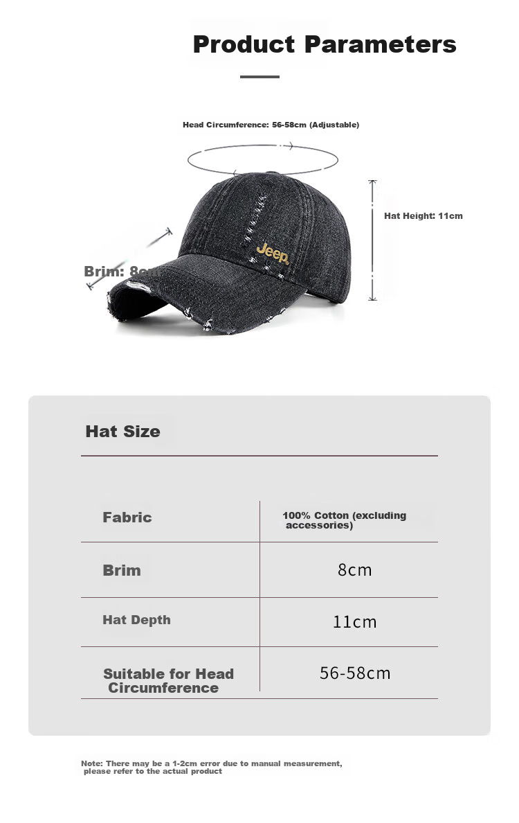 JEEP Baseball Cap for Men, All-Season Outdoor Trendy Retro Sun Protection Hat for Men And Women, Light Blue 5