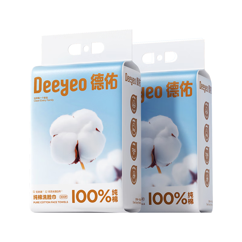 Deyou 100% Pure Cotton Facial Wipes 300 Sheets*2 Packs Hanging Large Thick Disposable Soft Cotton Towels for Dry and Wet Use