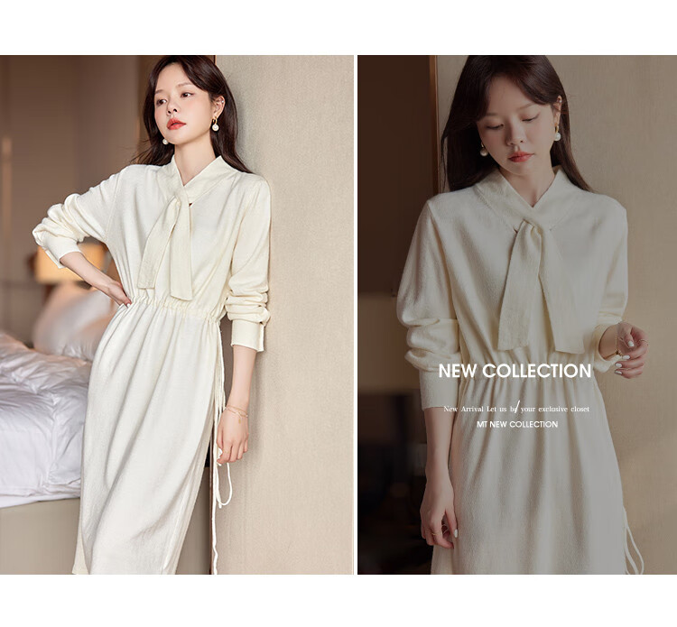 Mt [Pure White Jasmine] Spring And Autumn, Puff Sleeve Waist-Cinching Design, Gentle Office New Chinese-Style Knitted Dress 4